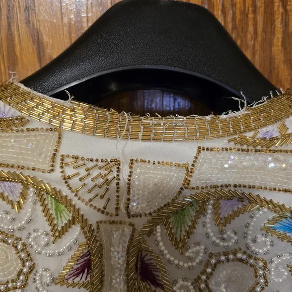 SEQUIN ORIGINAL Vintage Hand Beaded Silk Jacket Shoulder Pads Bead Work LARGE - Picture 14 of 17
